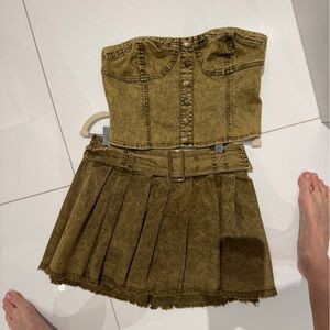 Olive Green Denim Mini Skirt with Belt